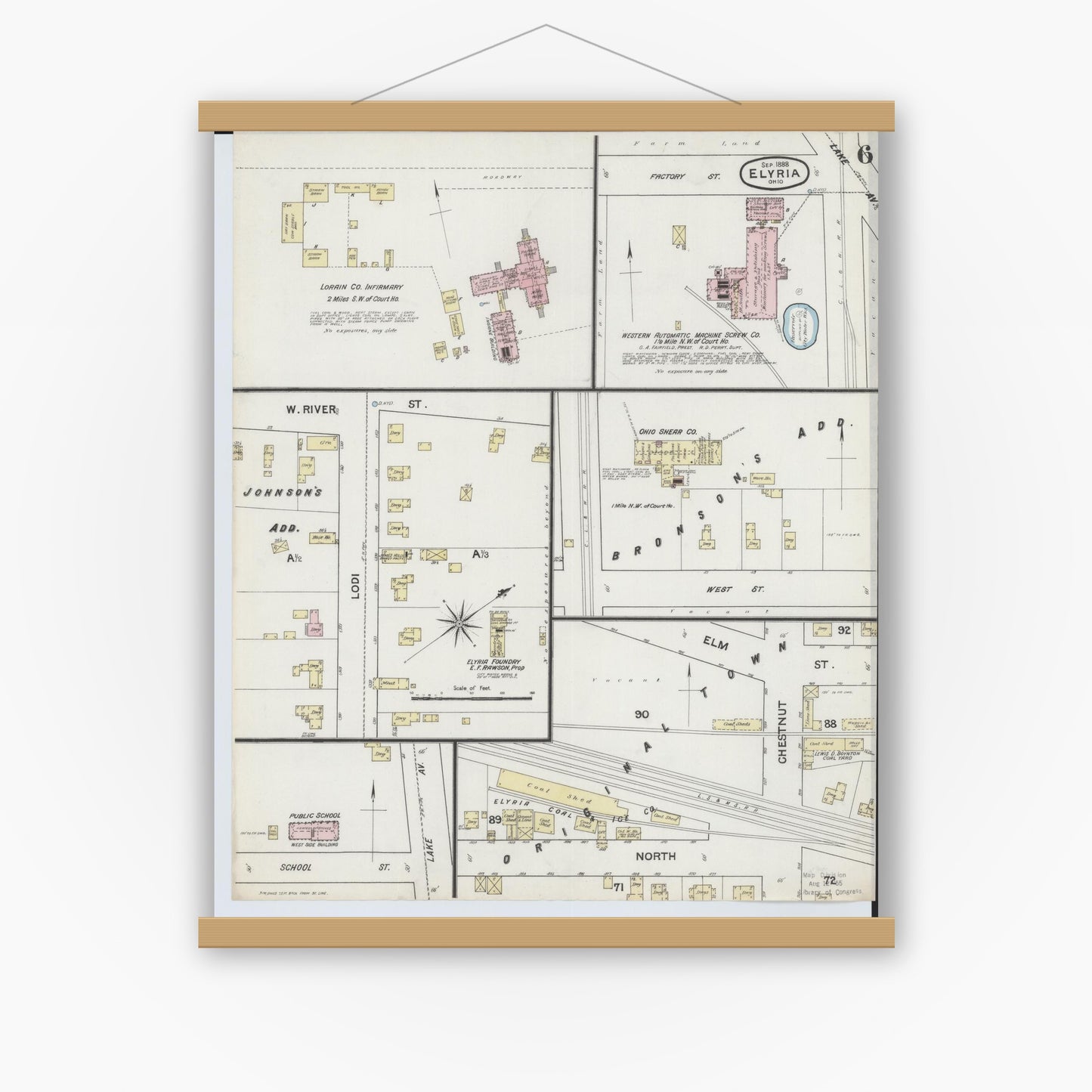 Old map wall art mockup — magnetic wood frame on white wall — Sanborn Fire Insurance Map from Elyria, Lorain County, Ohio (1888), Sheet #0006