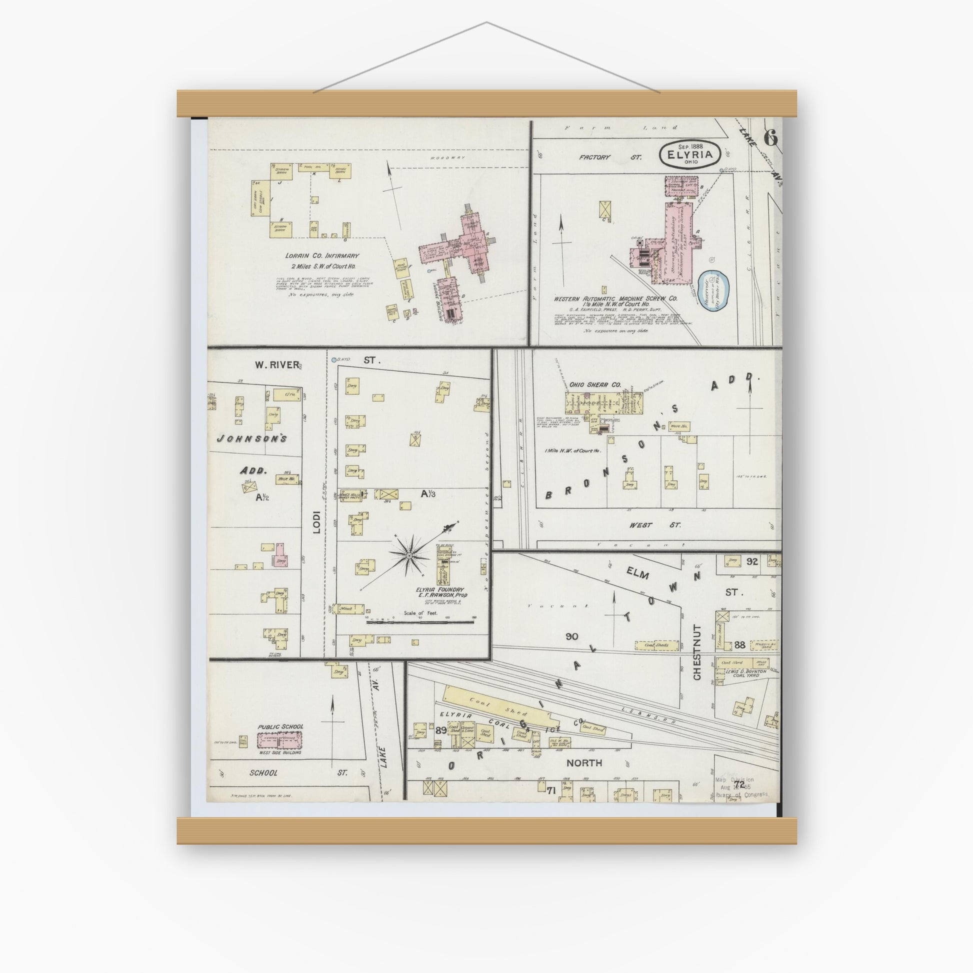 Old map wall art mockup — magnetic wood frame on white wall — Sanborn Fire Insurance Map from Elyria, Lorain County, Ohio (1888), Sheet #0006