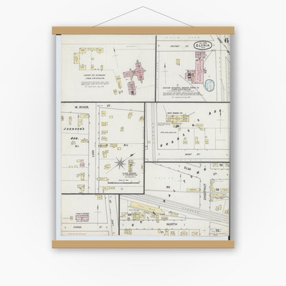 Old map wall art mockup — magnetic wood frame on white wall — Sanborn Fire Insurance Map from Elyria, Lorain County, Ohio (1888), Sheet #0006