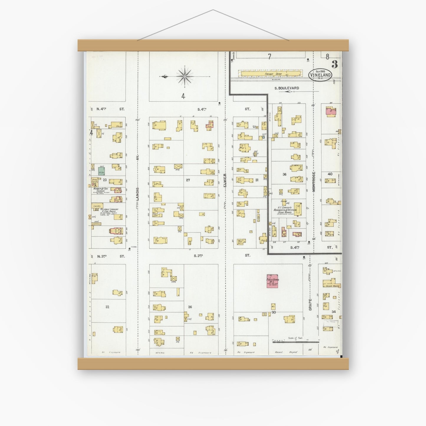 Old map wall art mockup — magnetic wood frame on white wall — Sanborn Fire Insurance Map from Vineland, Cumberland County, New Jersey (1900), Sheet #0003