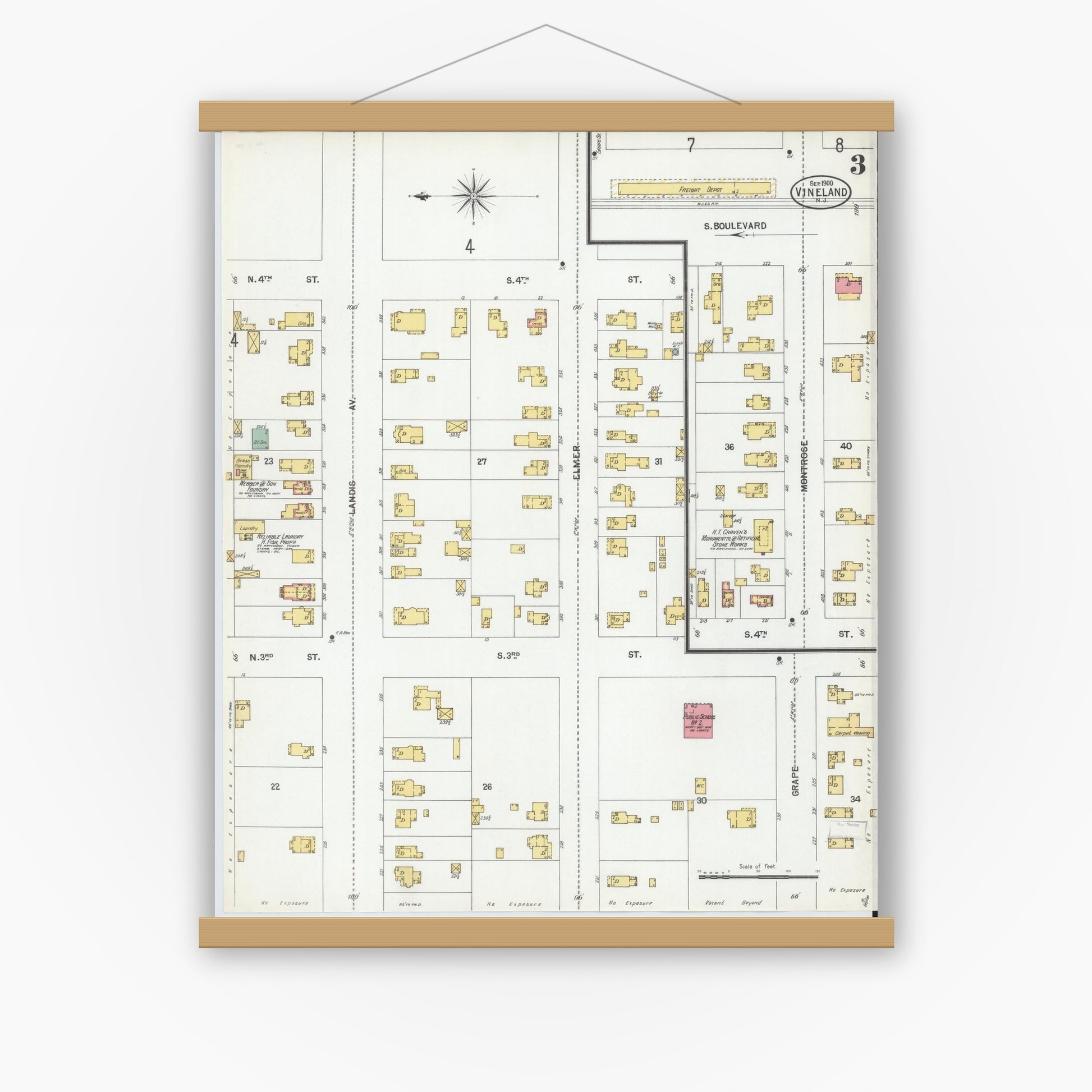 Old map wall art mockup — magnetic wood frame on white wall — Sanborn Fire Insurance Map from Vineland, Cumberland County, New Jersey (1900), Sheet #0003
