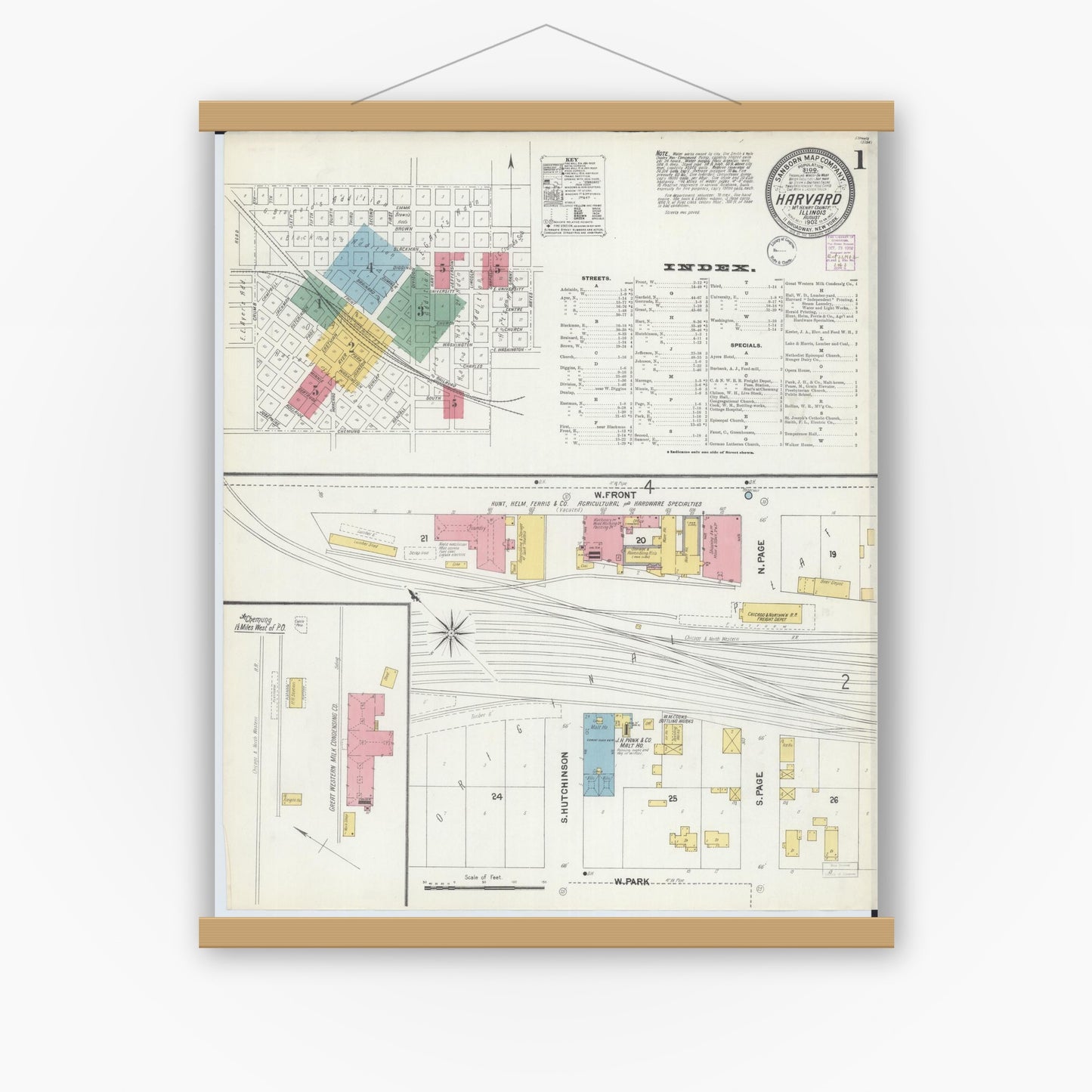 Old map wall art mockup — magnetic wood frame on white wall — Sanborn Fire Insurance Map from Harvard, McHenry County, Illinois (1902), Sheet #0001