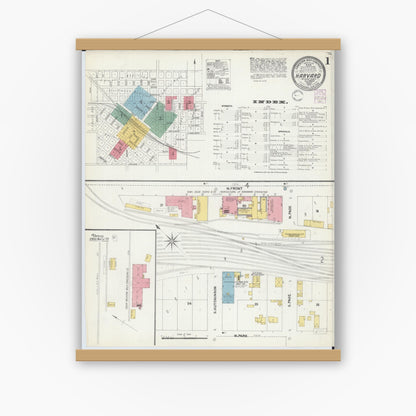 Old map wall art mockup — magnetic wood frame on white wall — Sanborn Fire Insurance Map from Harvard, McHenry County, Illinois (1902), Sheet #0001