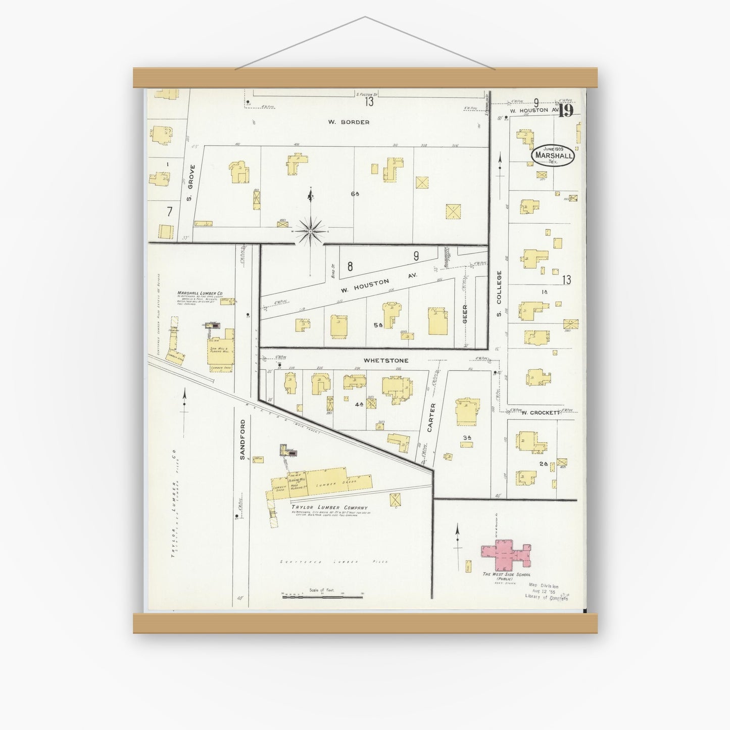 Old map wall art mockup — magnetic wood frame on white wall — Sanborn Fire Insurance Map from Marshall, Harrison County, Texas (1909), Sheet #0019