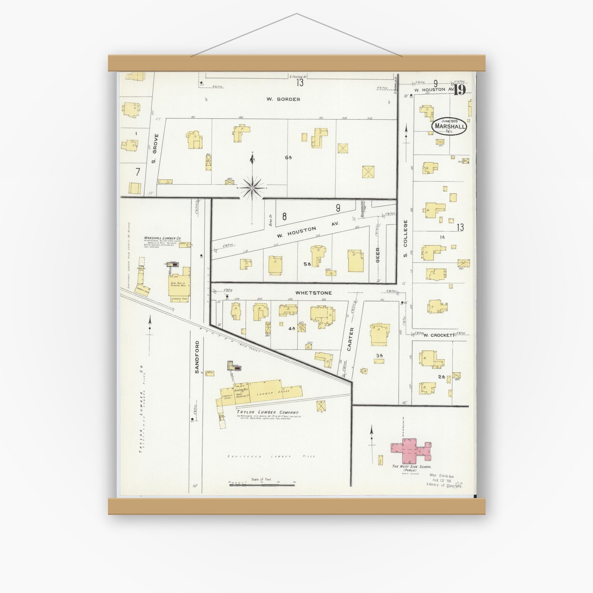 Old map wall art mockup — magnetic wood frame on white wall — Sanborn Fire Insurance Map from Marshall, Harrison County, Texas (1909), Sheet #0019