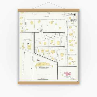 Old map wall art mockup — magnetic wood frame on white wall — Sanborn Fire Insurance Map from Marshall, Harrison County, Texas (1909), Sheet #0019