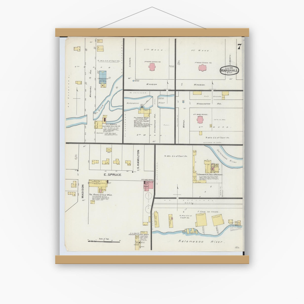 Old map wall art mockup — magnetic wood frame on white wall — Sanborn Fire Insurance Map from Marshall, Calhoun County, Michigan (1893), Sheet #0007
