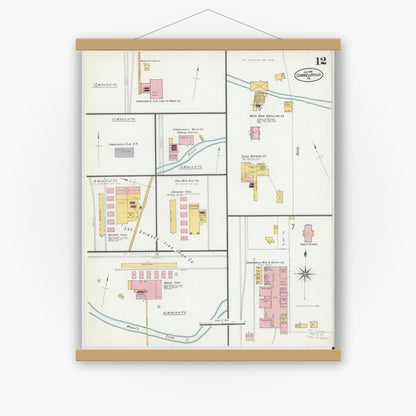 Old map wall art mockup — magnetic wood frame on white wall — Sanborn Fire Insurance Map from Connellsville, Fayette County, Pennsylvania (1901), Sheet #0012