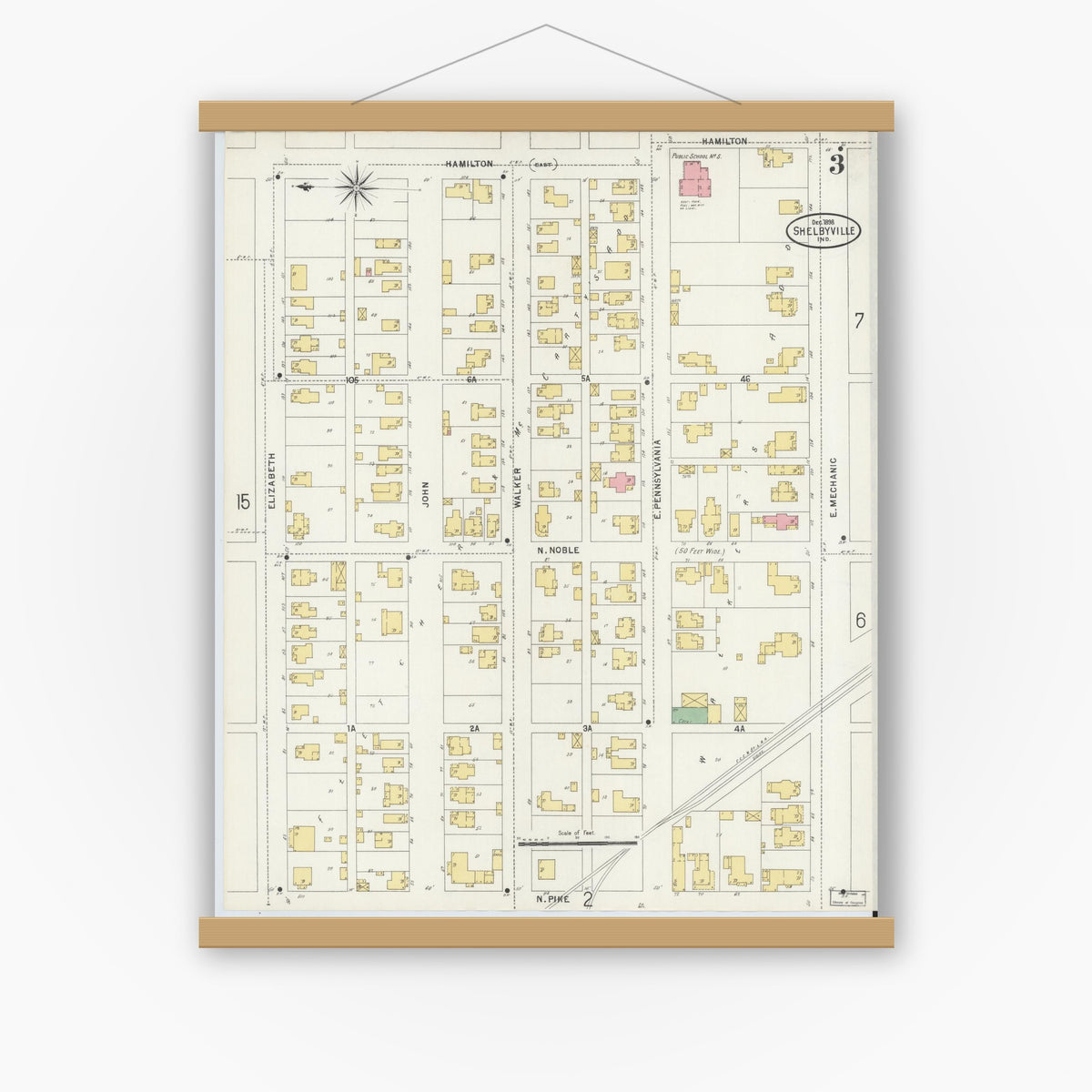 Old map wall art mockup — magnetic wood frame on white wall — Sanborn Fire Insurance Map from Shelbyville, Shelby County, Indiana (1898), Sheet #0003