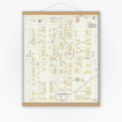 Old map wall art mockup — magnetic wood frame on white wall — Sanborn Fire Insurance Map from Shelbyville, Shelby County, Indiana (1898), Sheet #0003