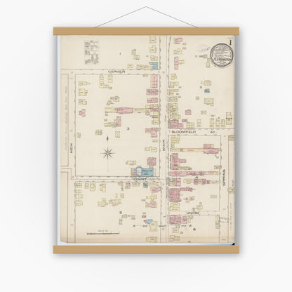 Old map wall art mockup — magnetic wood frame on white wall — Sanborn Fire Insurance Map from Flemington, Hunterdon County, New Jersey (1885) - Complete Map Set