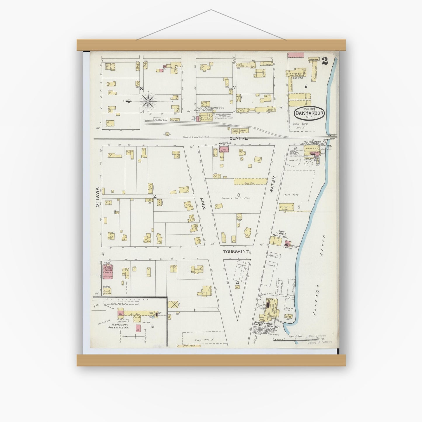Old map wall art mockup — magnetic wood frame on white wall — Sanborn Fire Insurance Map from Oak Harbor, Ottawa County, Ohio (1893), Sheet #0002