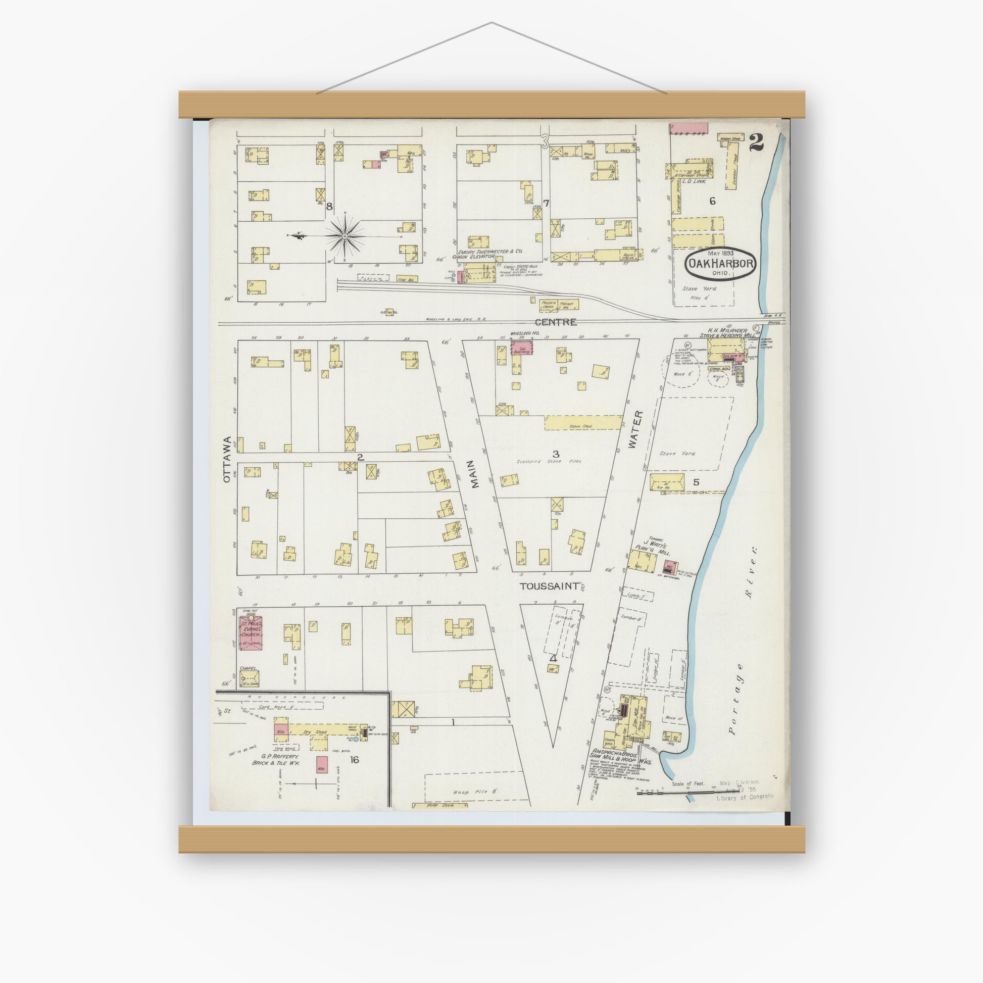 Old map wall art mockup — magnetic wood frame on white wall — Sanborn Fire Insurance Map from Oak Harbor, Ottawa County, Ohio (1893), Sheet #0002