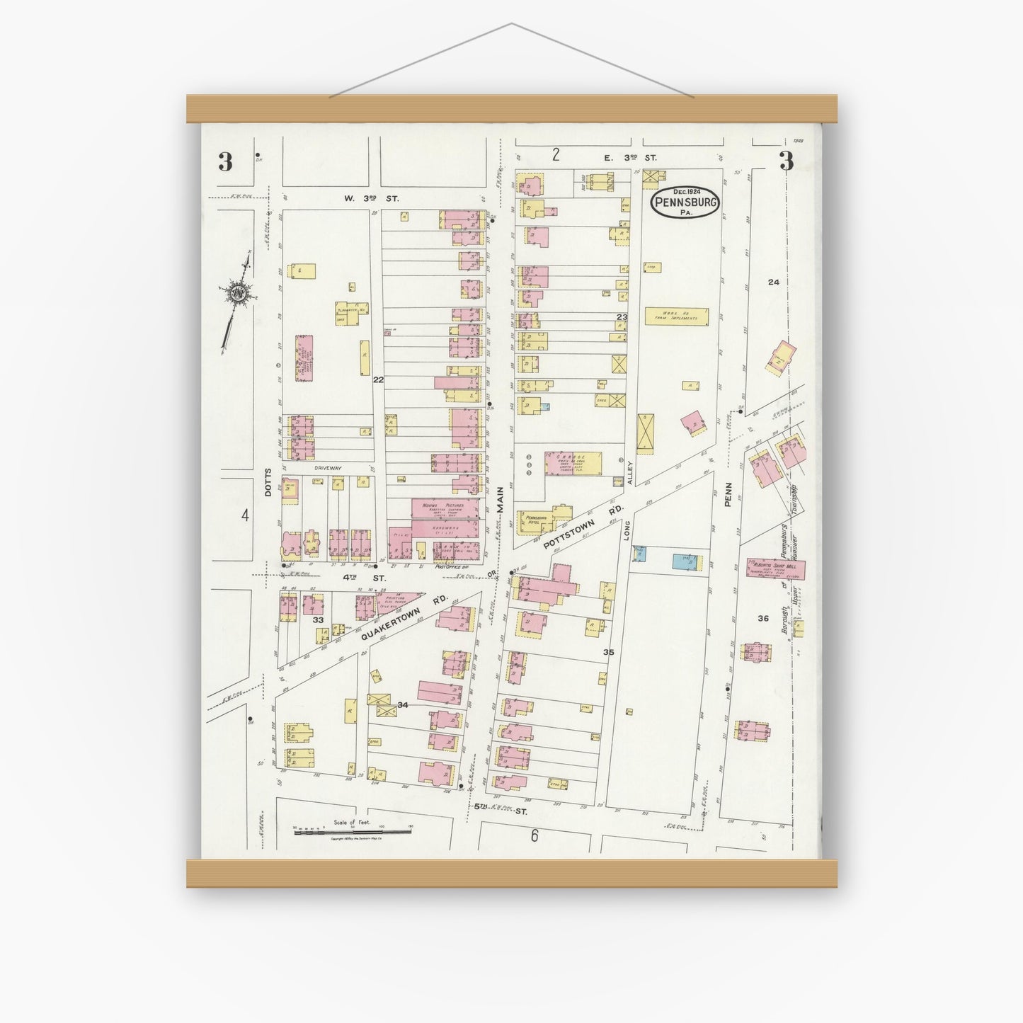 Old map wall art mockup — magnetic wood frame on white wall — Sanborn Fire Insurance Map from Pennsburg, Montgomery County, Pennsylvania (1924), Sheet #0003