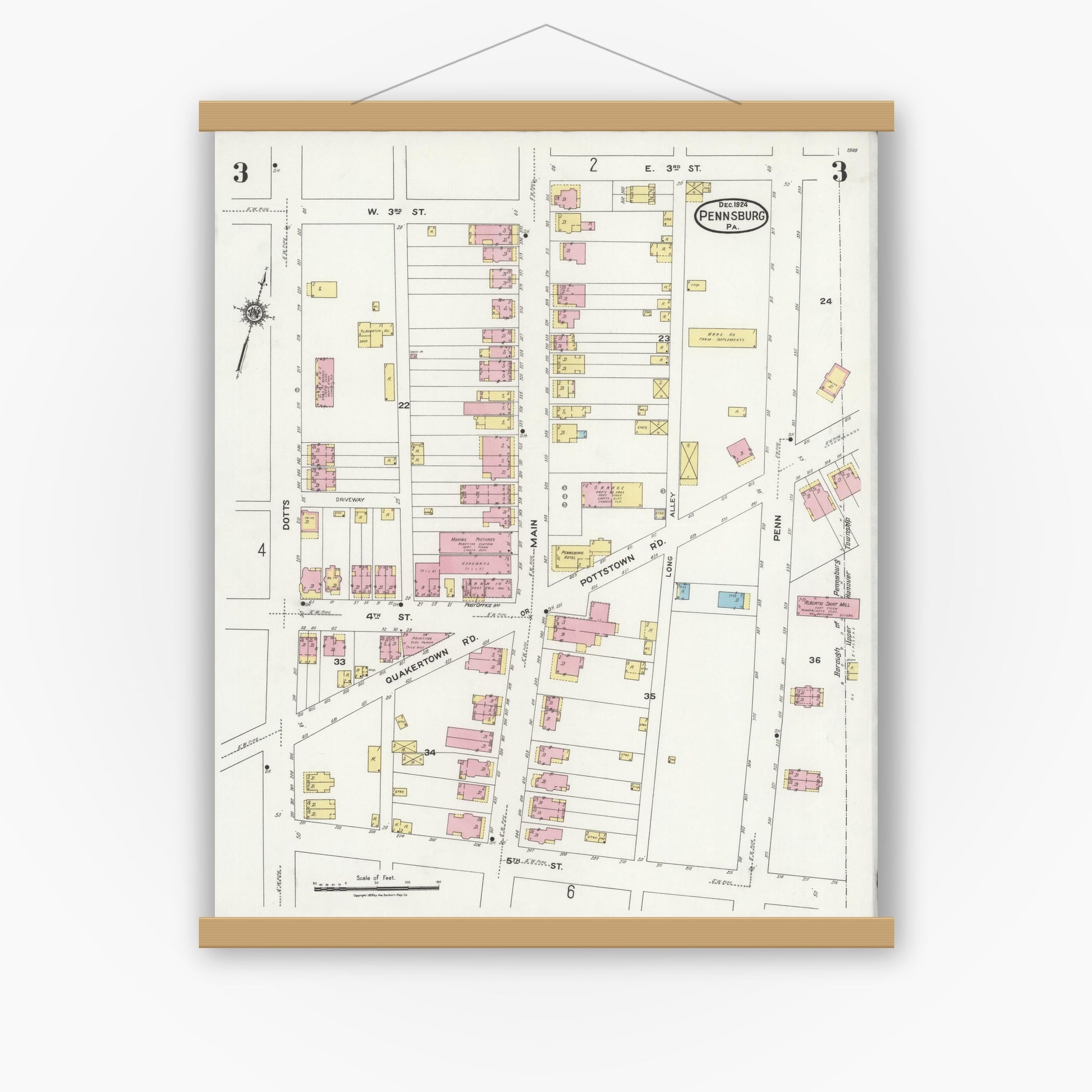 Old map wall art mockup — magnetic wood frame on white wall — Sanborn Fire Insurance Map from Pennsburg, Montgomery County, Pennsylvania (1924), Sheet #0003