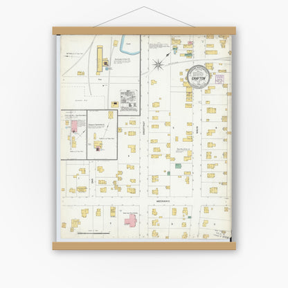 Old map wall art mockup — magnetic wood frame on white wall — Sanborn Fire Insurance Map from Grafton, Lorain County, Ohio (1904), Sheet #0001