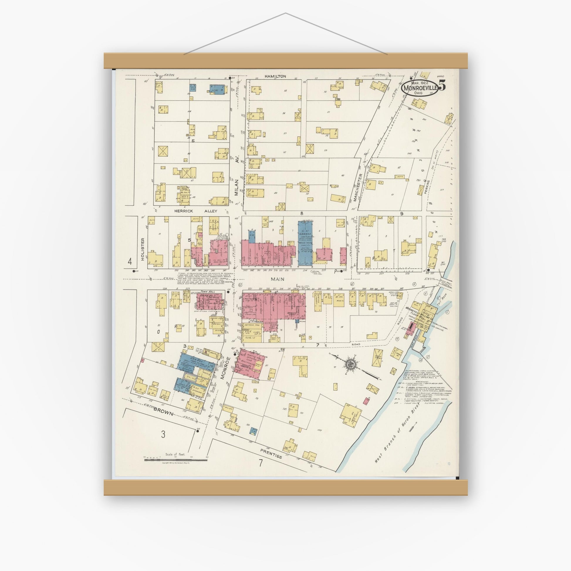 Old map wall art mockup — magnetic wood frame on white wall — Sanborn Fire Insurance Map from Monroeville, Huron County, Ohio (1922), Sheet #0005