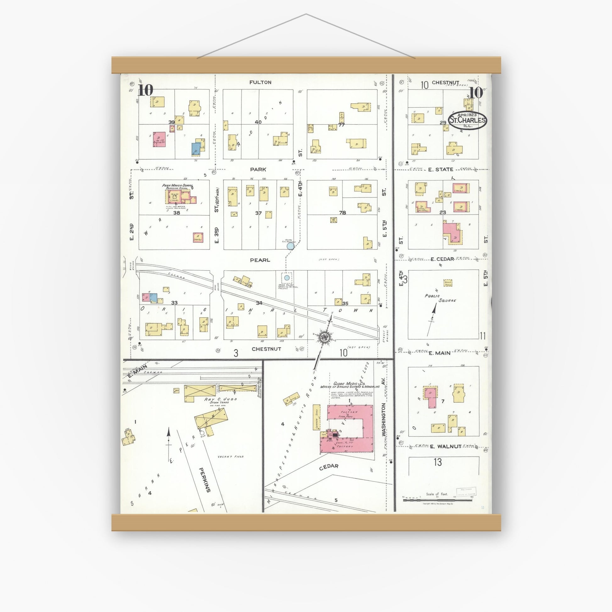 Old map wall art mockup — magnetic wood frame on white wall — Sanborn Fire Insurance Map from Saint Charles, Kane County, Illinois (1923), Sheet #0010