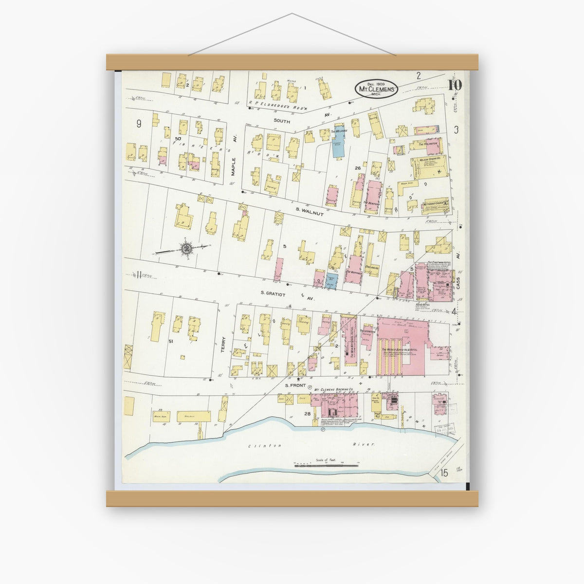 Old map wall art mockup — magnetic wood frame on white wall — Sanborn Fire Insurance Map from Mount Clemens, Macomb County, Michigan (1909), Sheet #0010