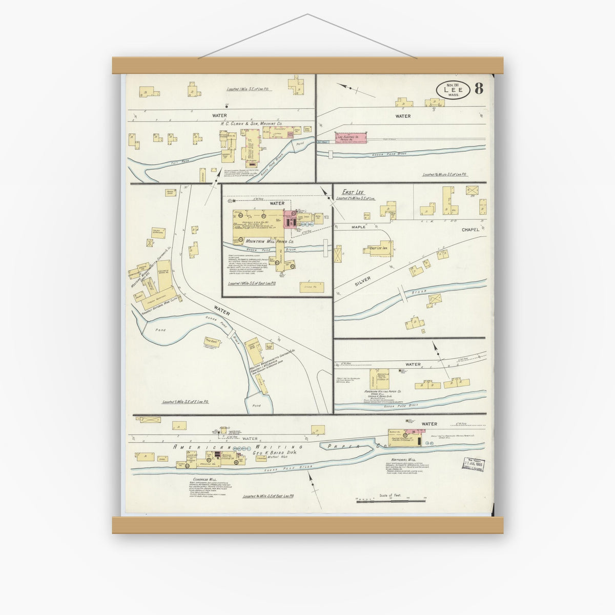 Old map wall art mockup — magnetic wood frame on white wall — Sanborn Fire Insurance Map from Lee, Berkshire County, Massachusetts (1911), Sheet #0008