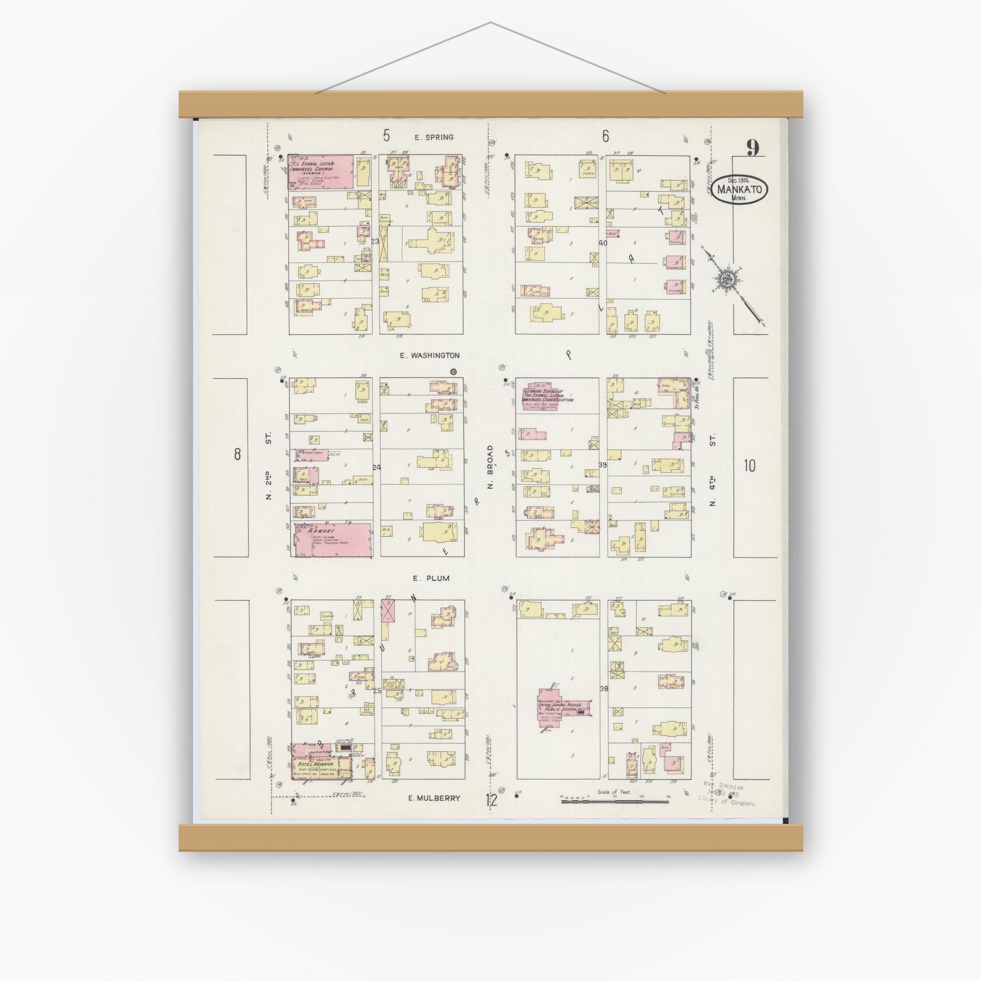 Old map wall art mockup — magnetic wood frame on white wall — Sanborn Fire Insurance Map from Mankato, Blue Earth County, Minnesota (1914), Sheet #0009