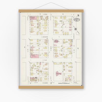Old map wall art mockup — magnetic wood frame on white wall — Sanborn Fire Insurance Map from Mankato, Blue Earth County, Minnesota (1914), Sheet #0009