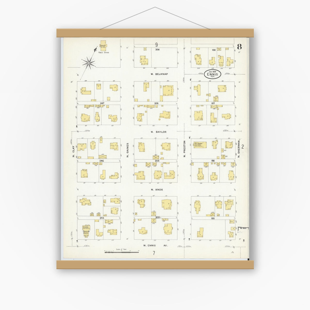 Old map wall art mockup — magnetic wood frame on white wall — Sanborn Fire Insurance Map from Ennis, Ellis County, Texas (1909), Sheet #0008