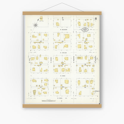 Old map wall art mockup — magnetic wood frame on white wall — Sanborn Fire Insurance Map from Ennis, Ellis County, Texas (1909), Sheet #0008