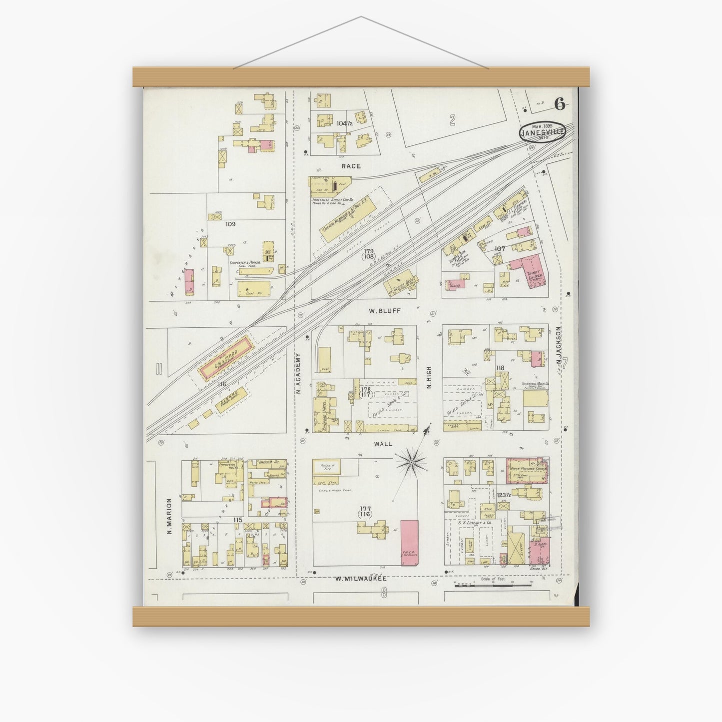 Old map wall art mockup — magnetic wood frame on white wall — Sanborn Fire Insurance Map from Janesville, Rock County, Wisconsin (1895), Sheet #0006
