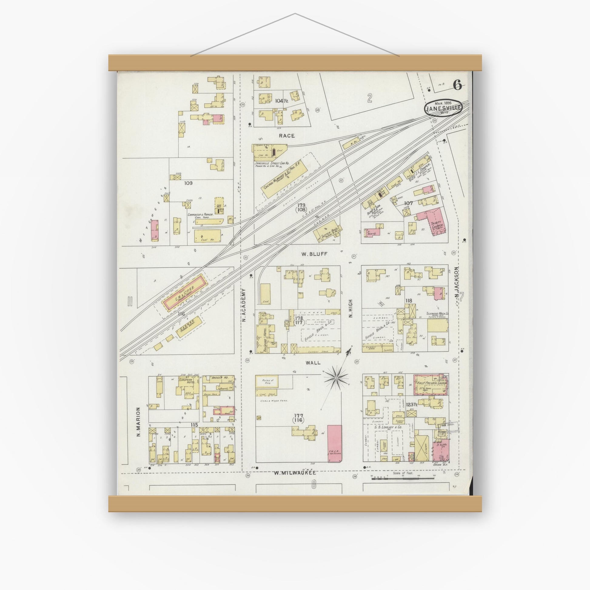 Old map wall art mockup — magnetic wood frame on white wall — Sanborn Fire Insurance Map from Janesville, Rock County, Wisconsin (1895), Sheet #0006