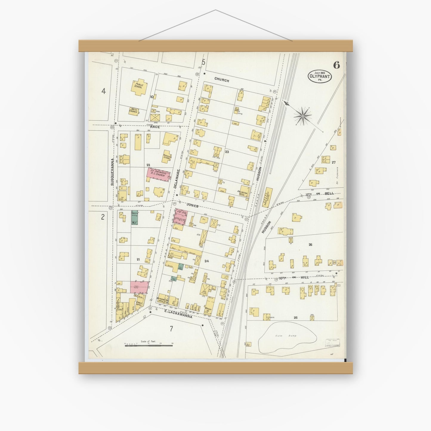 Old map wall art mockup — magnetic wood frame on white wall — Sanborn Fire Insurance Map from Olyphant, Lackawanna County, Pennsylvania (1903), Sheet #0006