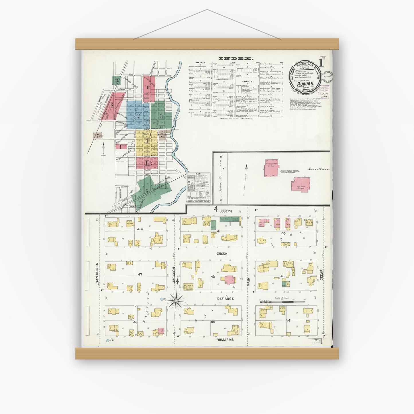 Old map wall art mockup — magnetic wood frame on white wall — Sanborn Fire Insurance Map from Auburn, De Kalb County, Indiana (1901), Sheet #0001