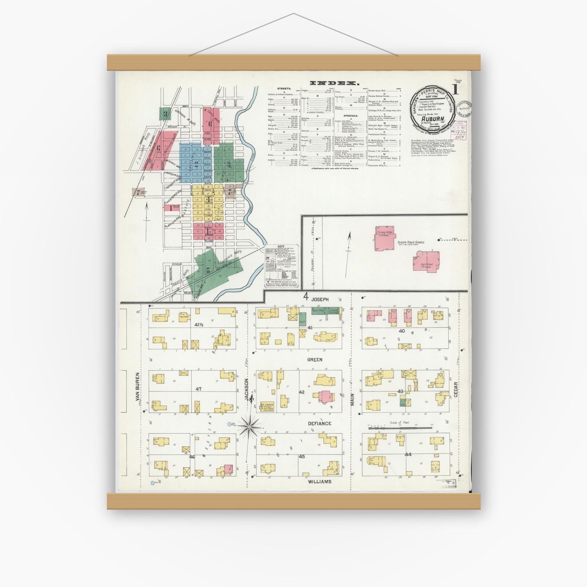 Old map wall art mockup — magnetic wood frame on white wall — Sanborn Fire Insurance Map from Auburn, De Kalb County, Indiana (1901), Sheet #0001