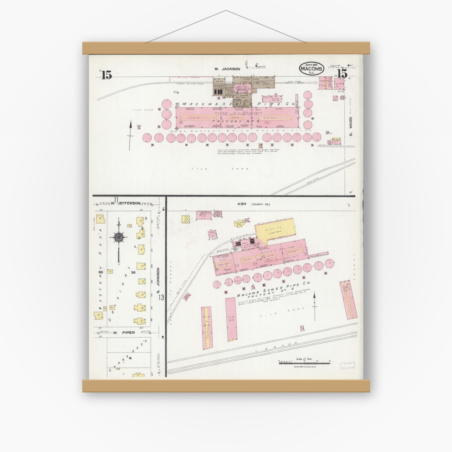 Old map wall art mockup — magnetic wood frame on white wall — Sanborn Fire Insurance Map from Macomb, Mcdonough County, Illinois (1924), Sheet #0015