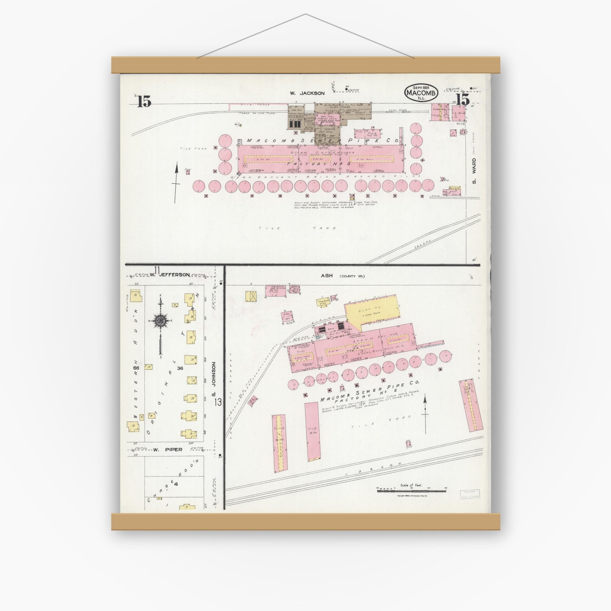 Old map wall art mockup — magnetic wood frame on white wall — Sanborn Fire Insurance Map from Macomb, Mcdonough County, Illinois (1924), Sheet #0015