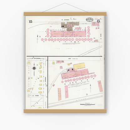 Old map wall art mockup — magnetic wood frame on white wall — Sanborn Fire Insurance Map from Macomb, Mcdonough County, Illinois (1924), Sheet #0015