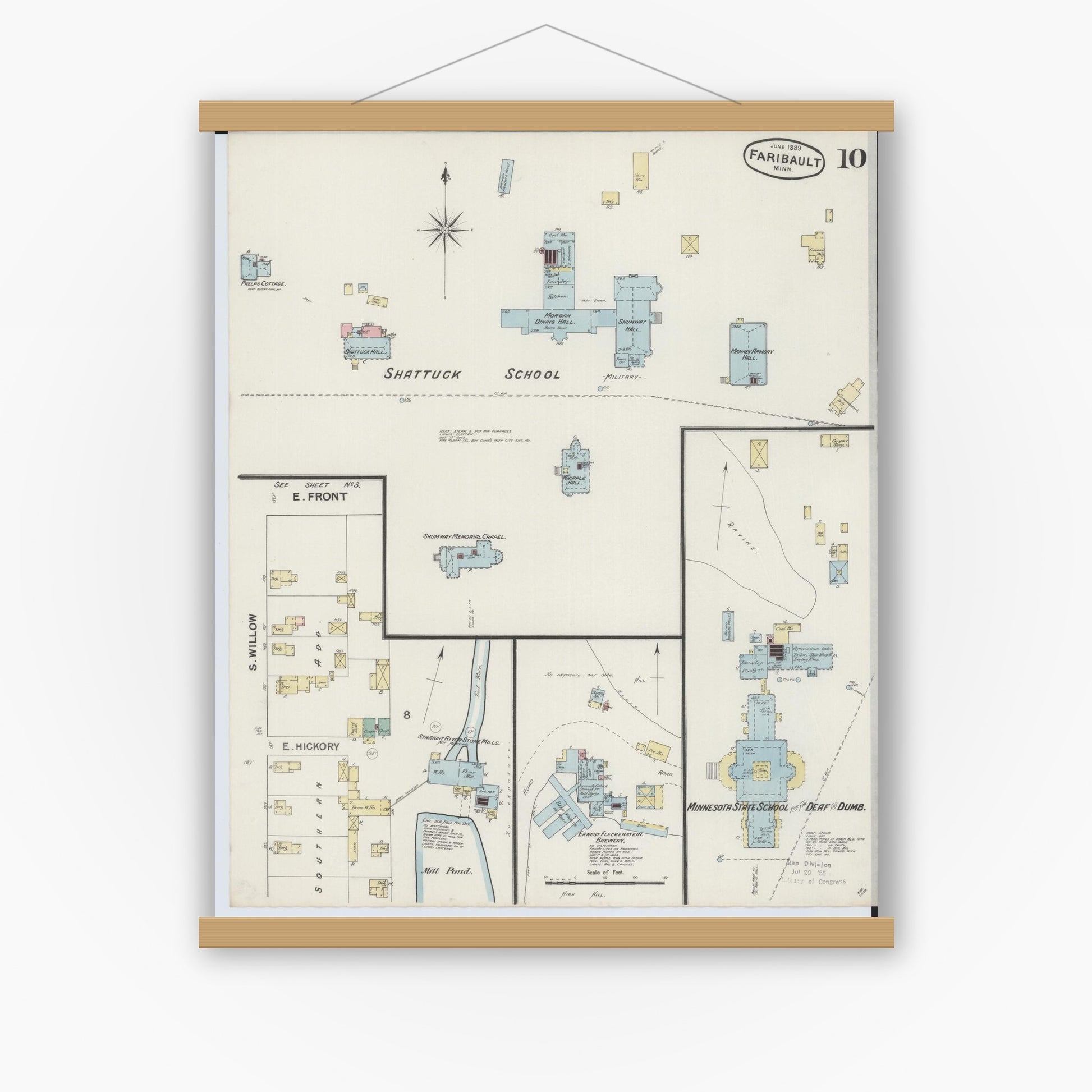 Old map wall art mockup — magnetic wood frame on white wall — Sanborn Fire Insurance Map from Faribault, Rice County, Minnesota (1889), Sheet #0010