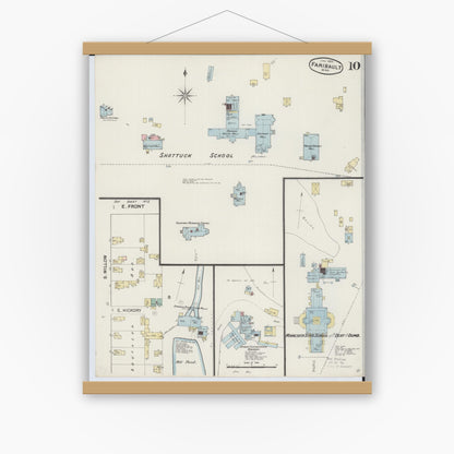 Old map wall art mockup — magnetic wood frame on white wall — Sanborn Fire Insurance Map from Faribault, Rice County, Minnesota (1889), Sheet #0010