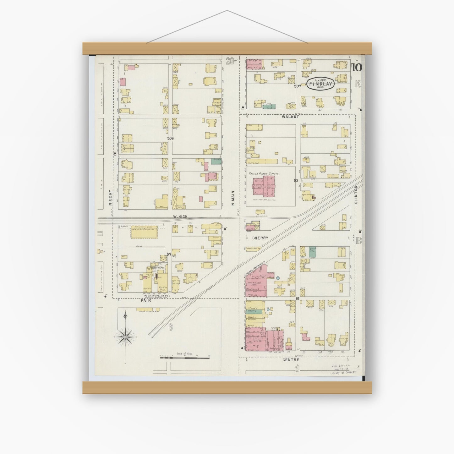 Old map wall art mockup — magnetic wood frame on white wall — Sanborn Fire Insurance Map from Findlay, Hancock County, Ohio (1895), Sheet #0010