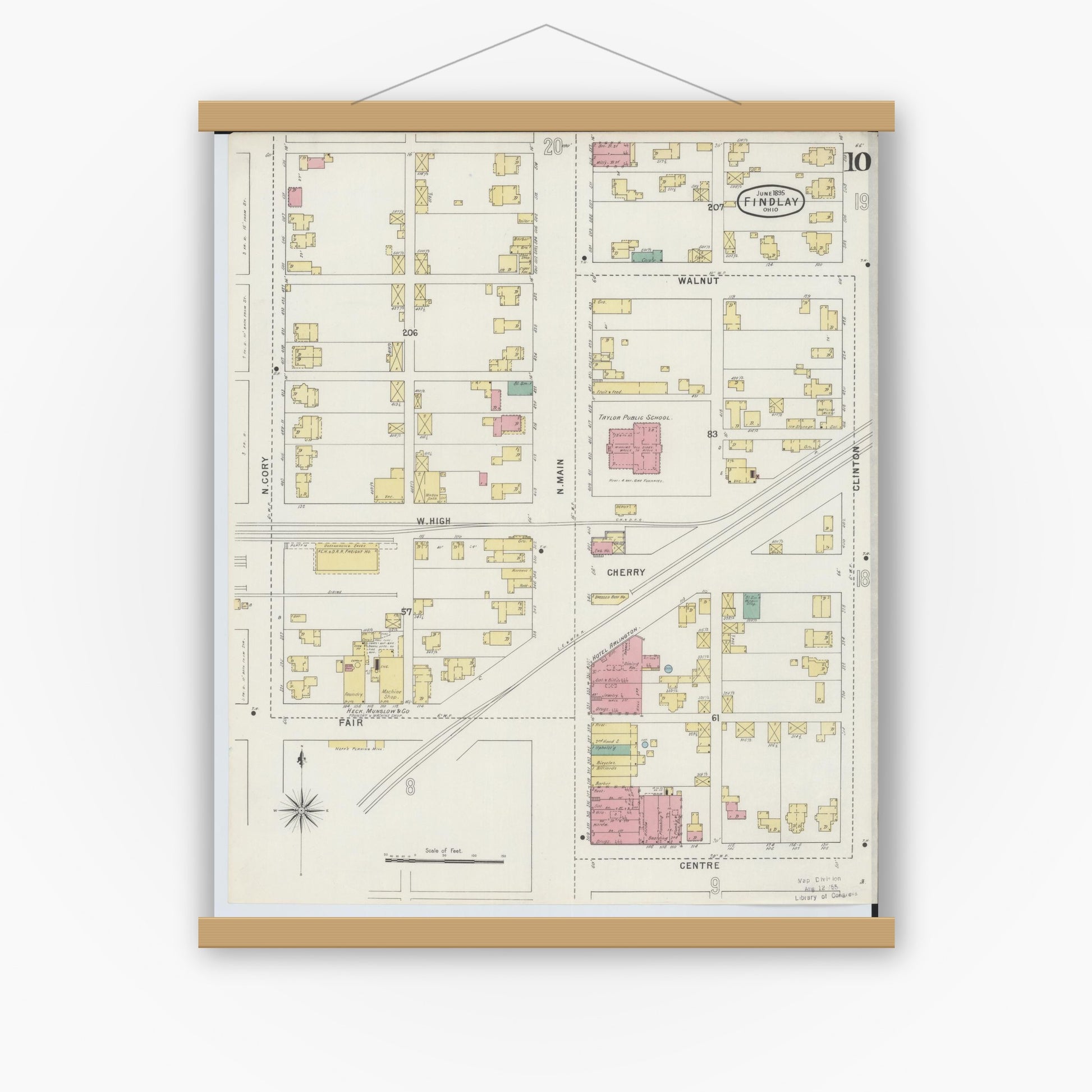 Old map wall art mockup — magnetic wood frame on white wall — Sanborn Fire Insurance Map from Findlay, Hancock County, Ohio (1895), Sheet #0010