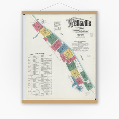 Old map wall art mockup — magnetic wood frame on white wall — Sanborn Fire Insurance Map from Wellsville, Columbiana County, Ohio (1908) - Complete Map Set