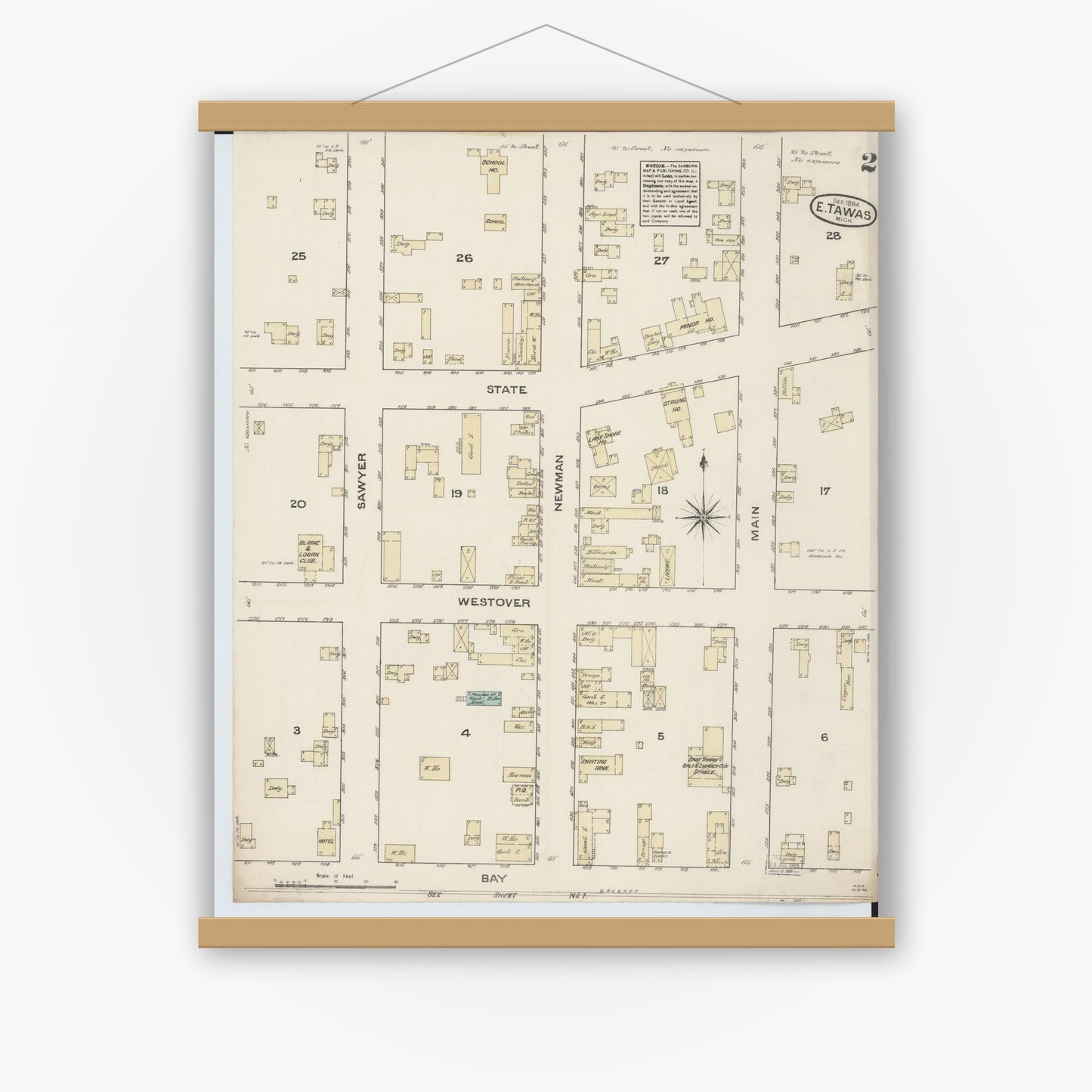 Old map wall art mockup — magnetic wood frame on white wall — Sanborn Fire Insurance Map from East Tawas, Iosco County, Michigan (1884), Sheet #0002