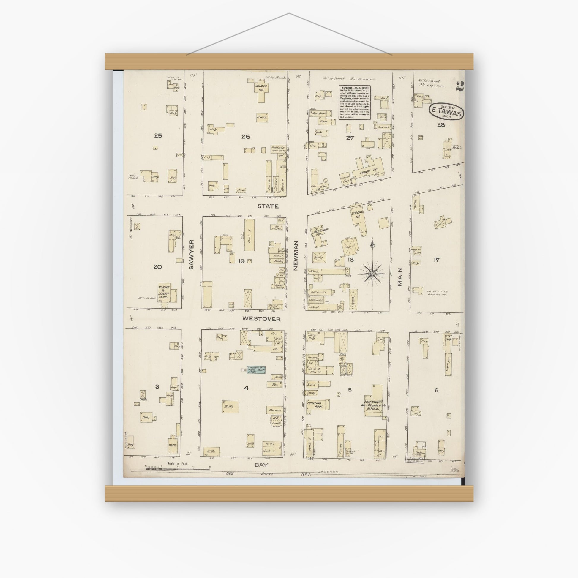 Old map wall art mockup — magnetic wood frame on white wall — Sanborn Fire Insurance Map from East Tawas, Iosco County, Michigan (1884), Sheet #0002