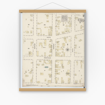 Old map wall art mockup — magnetic wood frame on white wall — Sanborn Fire Insurance Map from East Tawas, Iosco County, Michigan (1884), Sheet #0002