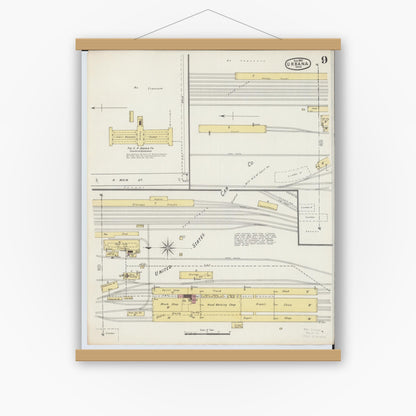 Old map wall art mockup — magnetic wood frame on white wall — Sanborn Fire Insurance Map from Urbana, Champaign County, Ohio (1895), Sheet #0009