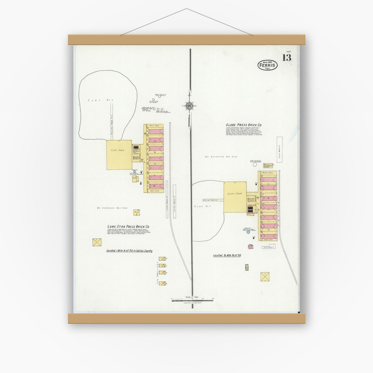 Old map wall art mockup — magnetic wood frame on white wall — Sanborn Fire Insurance Map from Ferris, Ellis County, Texas (1921), Sheet #0013