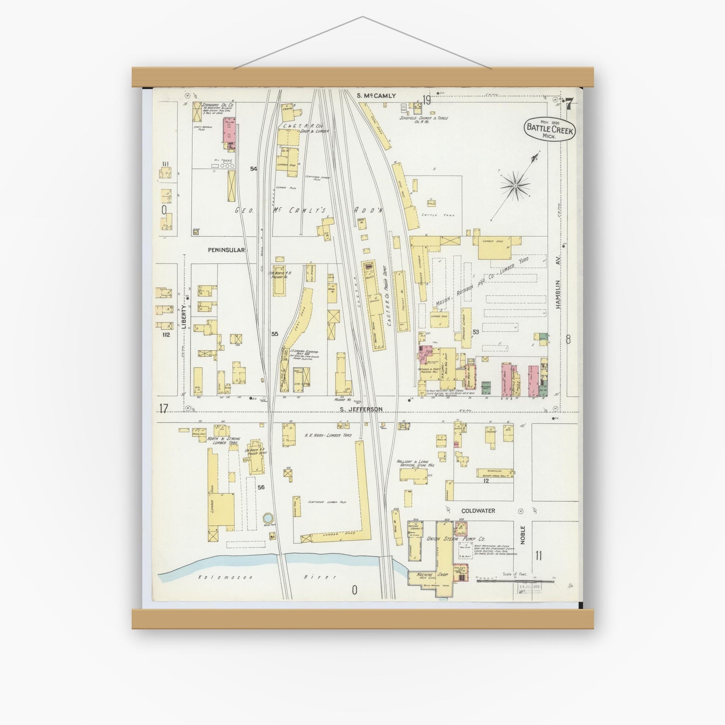 Old map wall art mockup — magnetic wood frame on white wall — Sanborn Fire Insurance Map from Battle Creek, Calhoun County, Michigan (1899), Sheet #0007