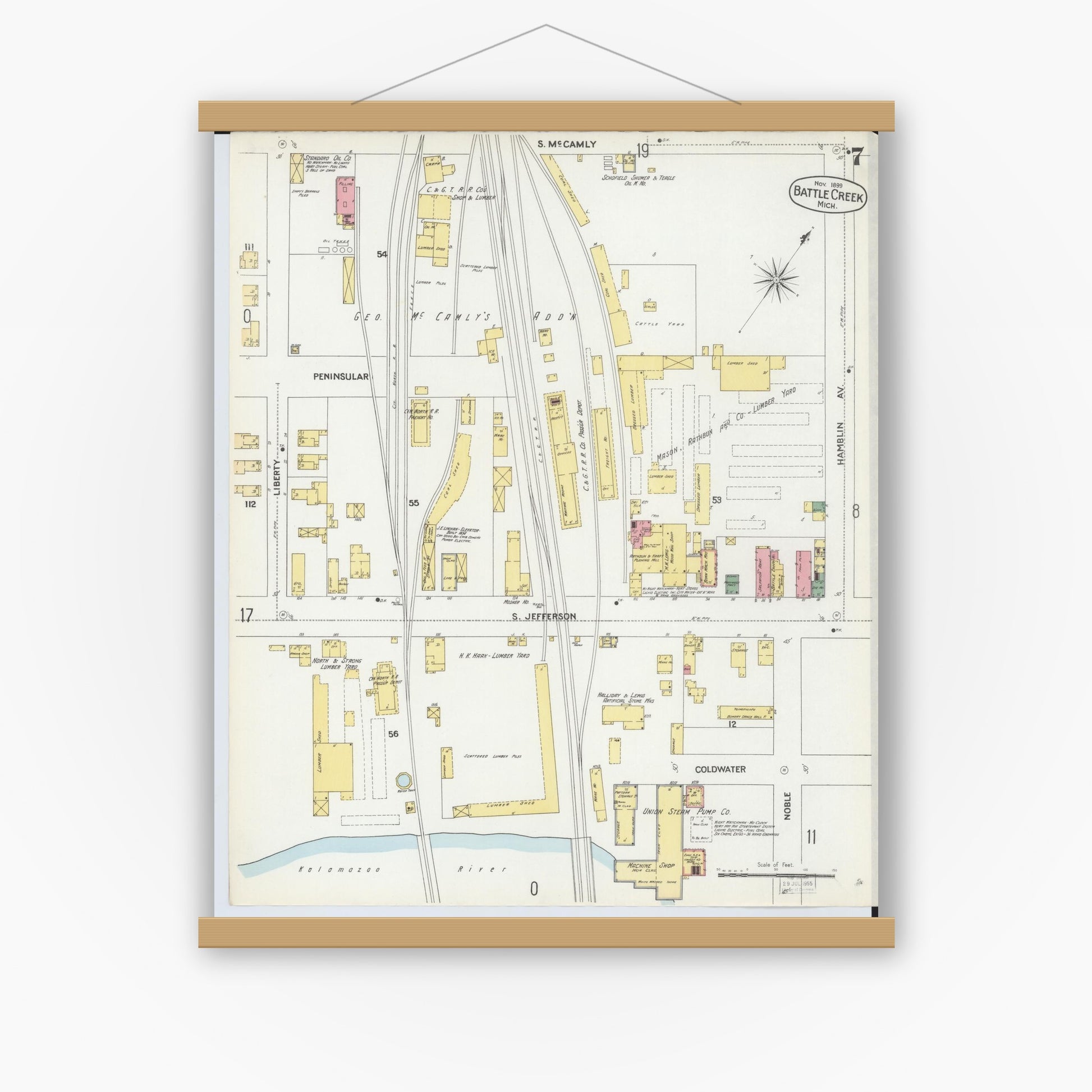 Old map wall art mockup — magnetic wood frame on white wall — Sanborn Fire Insurance Map from Battle Creek, Calhoun County, Michigan (1899), Sheet #0007