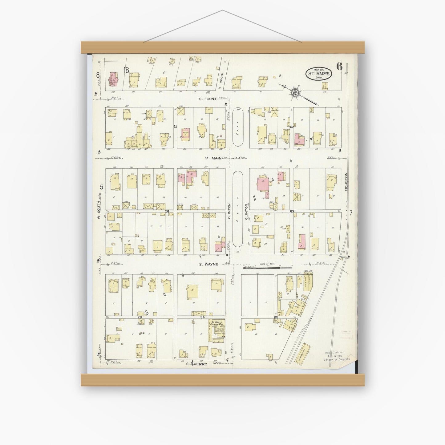 Old map wall art mockup — magnetic wood frame on white wall — Sanborn Fire Insurance Map from Saint Marys, Auglaize County, Ohio (1914), Sheet #0006