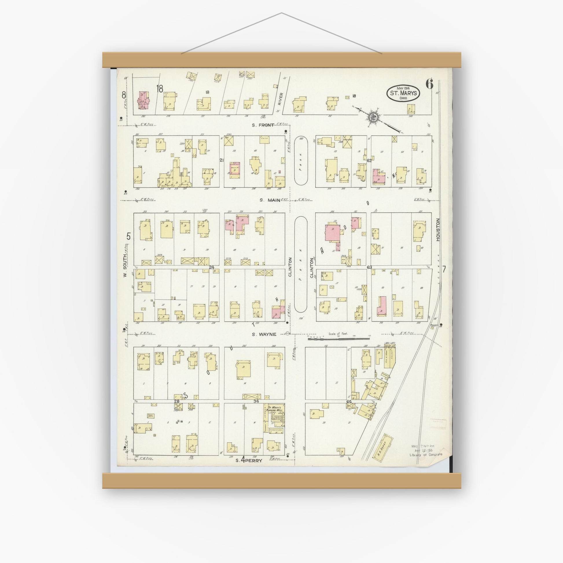 Old map wall art mockup — magnetic wood frame on white wall — Sanborn Fire Insurance Map from Saint Marys, Auglaize County, Ohio (1914), Sheet #0006